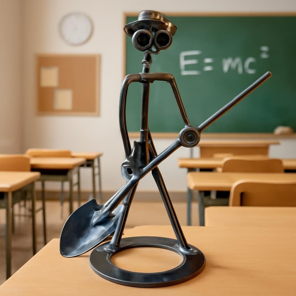Metal Stick Figure Desk Sculpture with Shovel, Desktop Decor,
